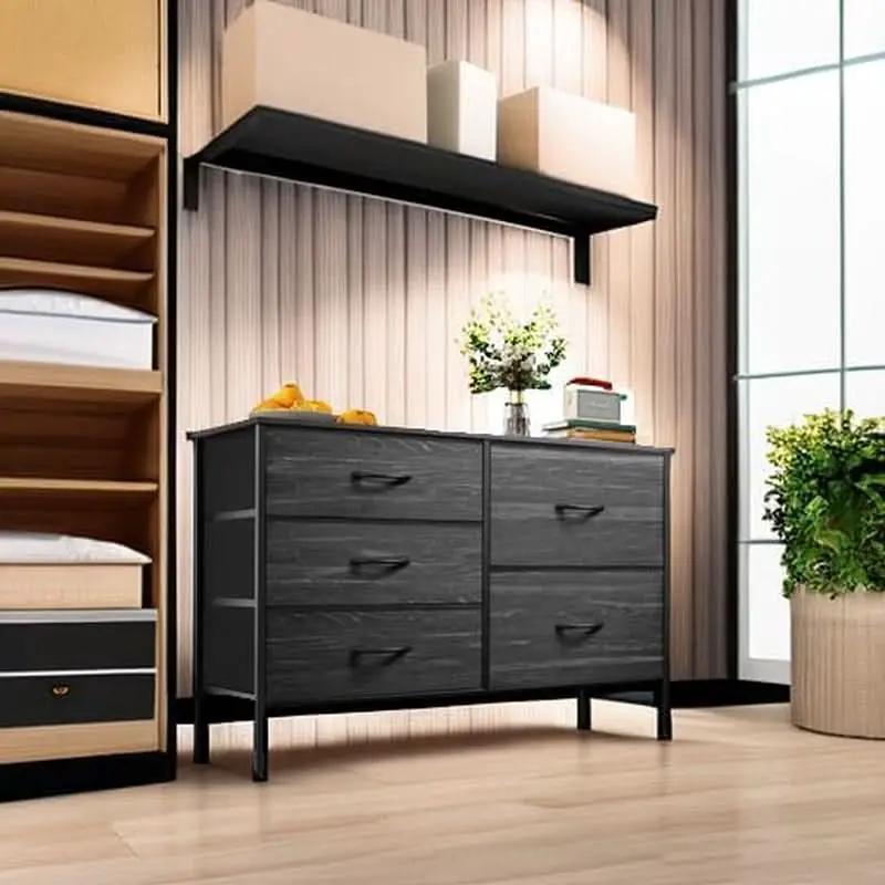 Fabric Dresser With 5 Drawers Charcoal Black Wood Grain from PriceLows™