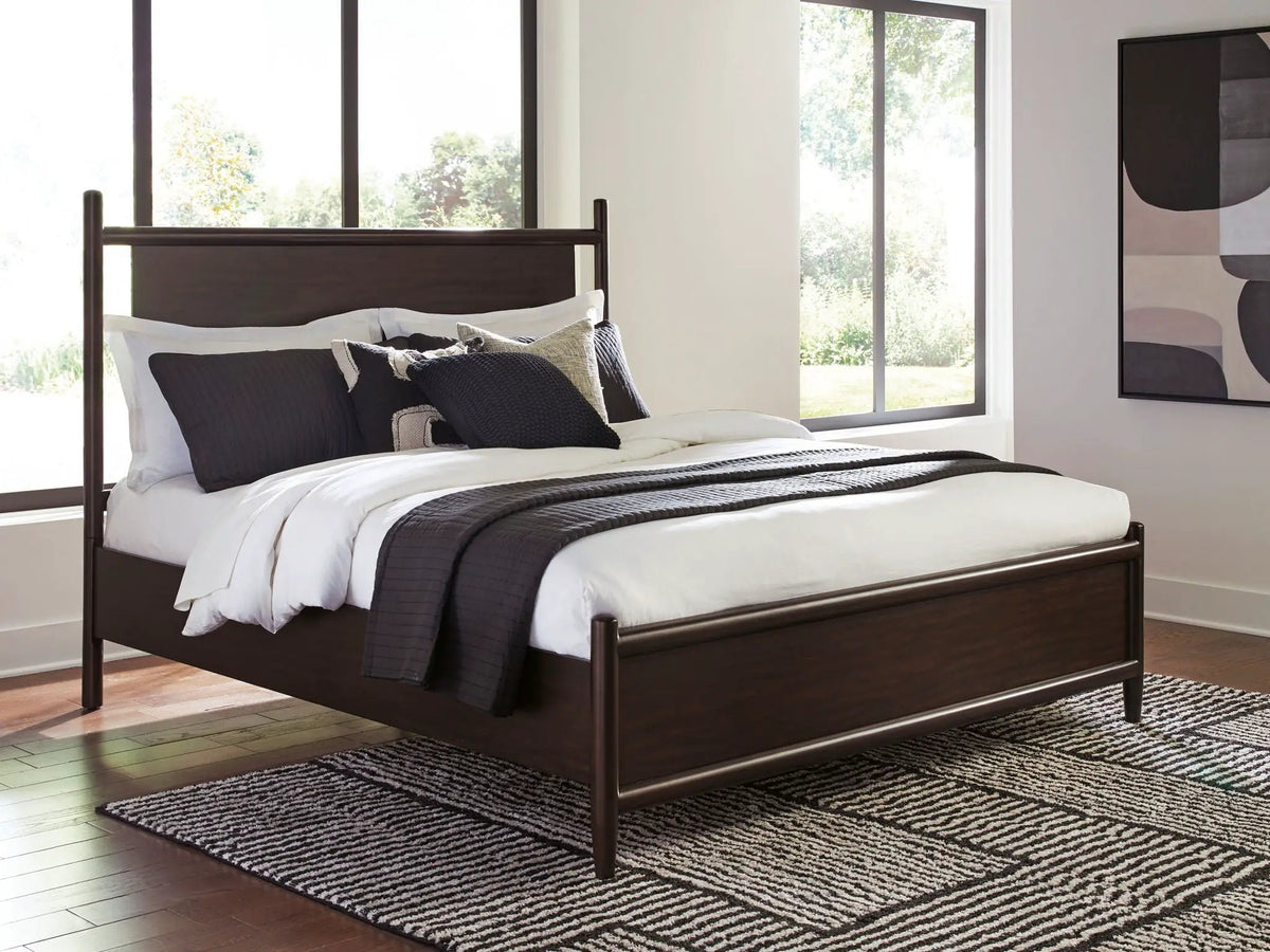 Dantenton Panel Bed | Rounded Wooden Frame | Rich Merlot Finish | Contemporary Mid-Century Style