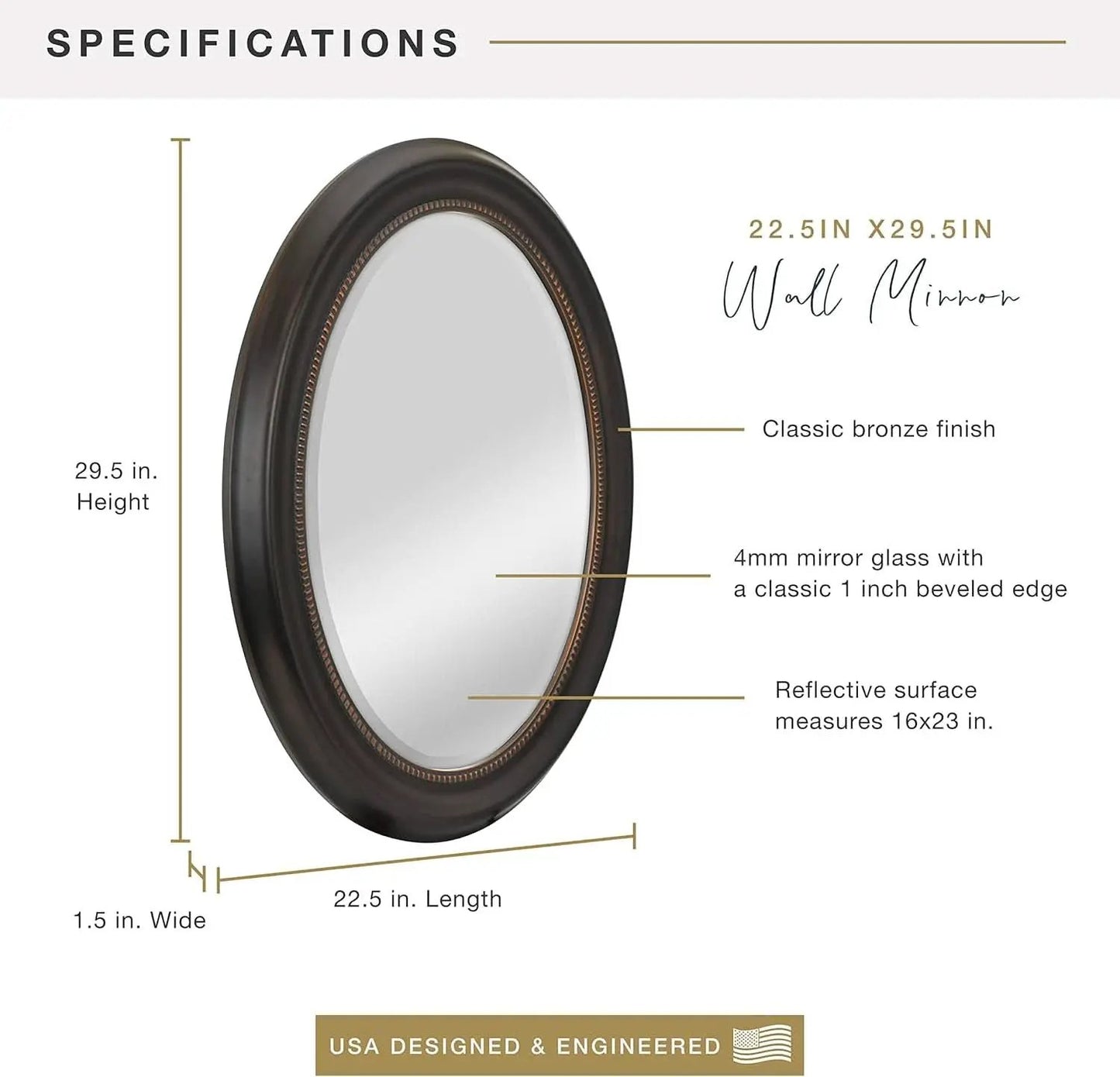 Bronze Oval Wall Mirror 22.5 By 29.5 Inches With Beaded Inner Edge Vertical Or Horizontal Mount from PriceLows™