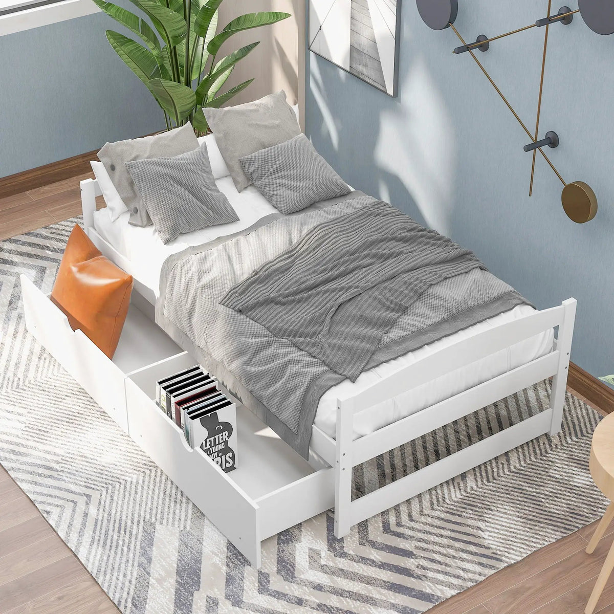 Platform Bed | Pine Wood Frame | Dual Rolling Drawers