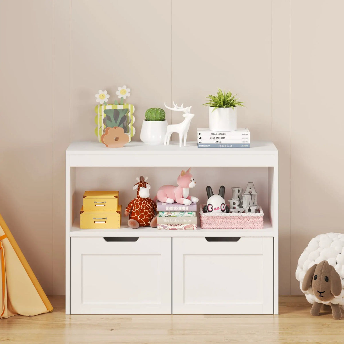 Kids Book Organizer | Two Large Drawers | Open Shelves | Removable Wheels