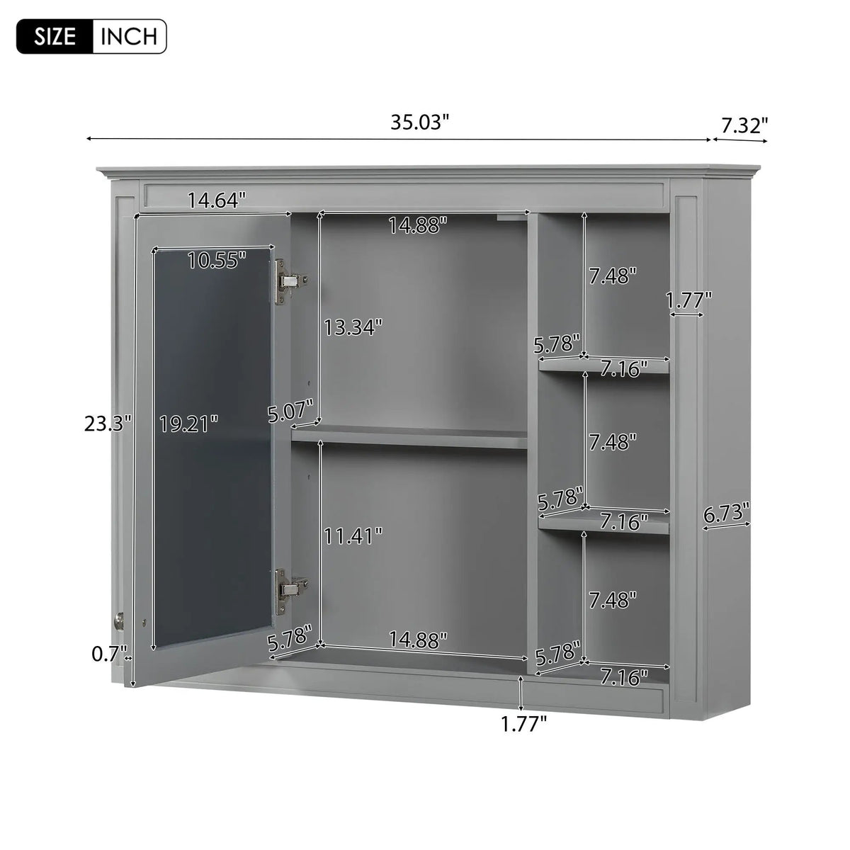 Wall Mounted Medicine Cabinet | Adjustable Interior | 6 Open Shelves