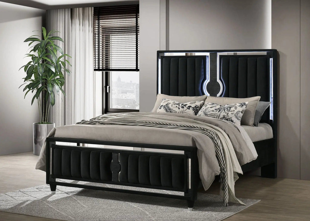 Ravenne Velvet Upholstered Queen LED Panel Bed | 63.25 x 89 x 61 in | Engineered Wood & Velvet | Black