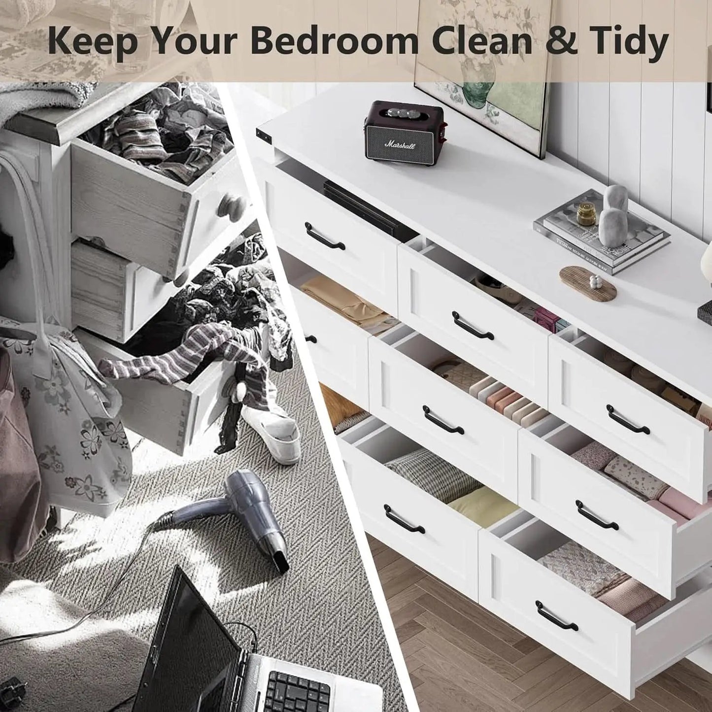 White 59 Inch Premium Modern Multicompartment Dresser from PriceLows™