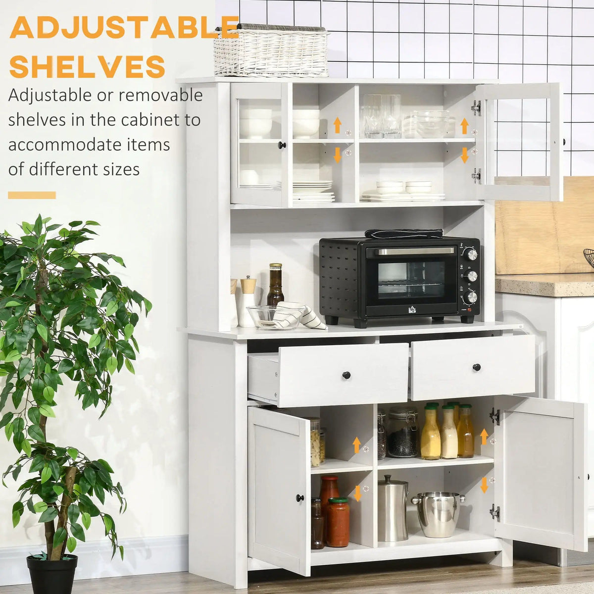 Homcom 63.5" Kitchen Buffet With Hutch, Pantry Storage Cabinet With 4 Shelves | 41 x 17.3 x 63.5 in | Glass & Wood | Antique White