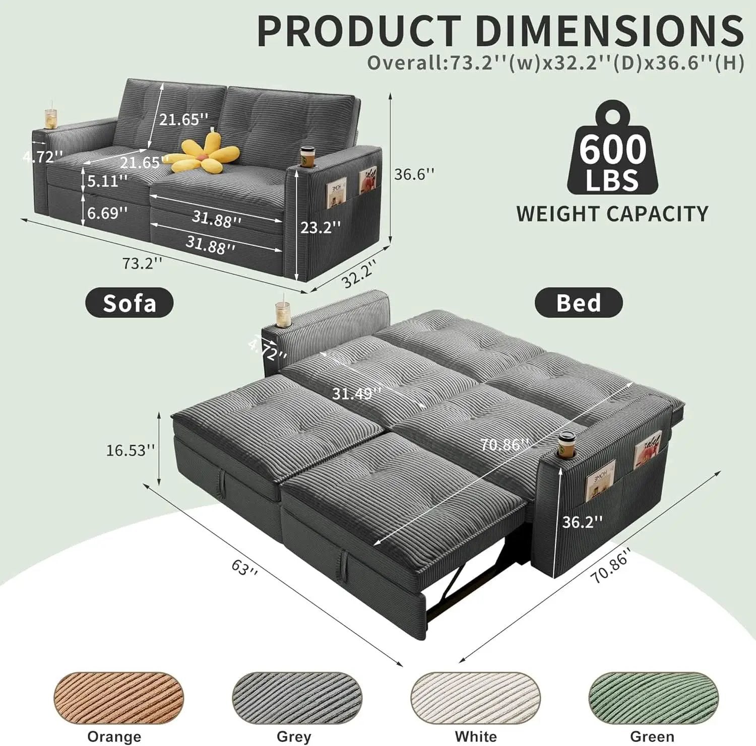 Gray Queen CorduroyTexture Transformable Sofa Bed USB from PriceLows™