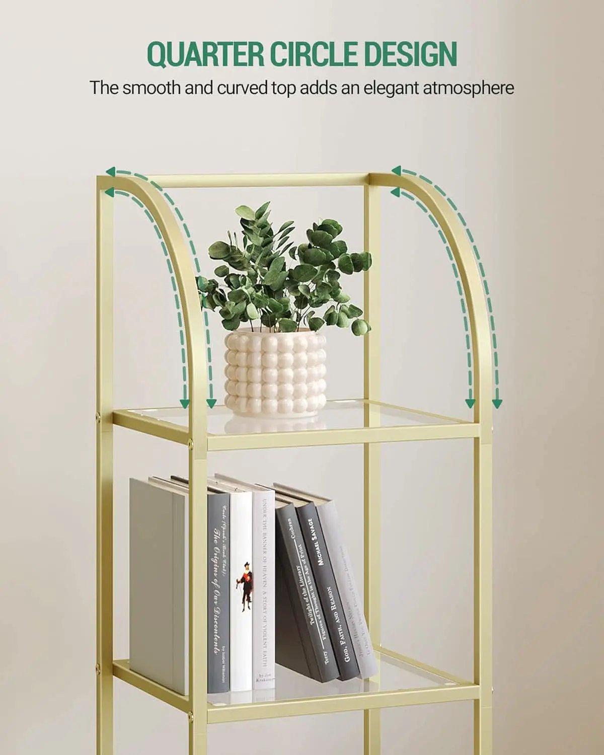 Bookcase Bookshelf 6 Tier Gold Tempered Glass Arched Top from PriceLows™