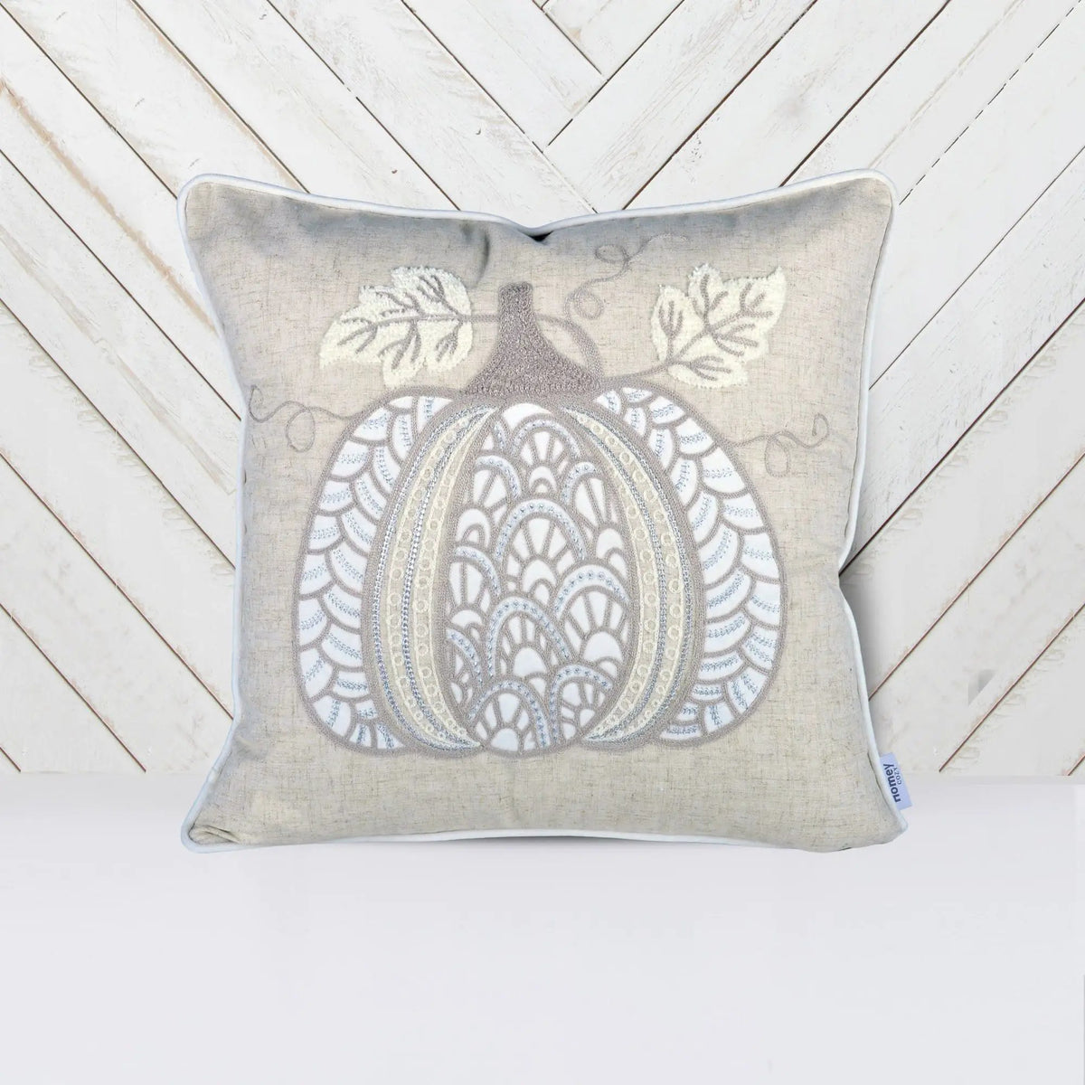 Lace Embroidered Pumpkin Throw Pillow | Natural Taupe And Ivory | Linen-Blend Fabric | 20 x 20 Inch