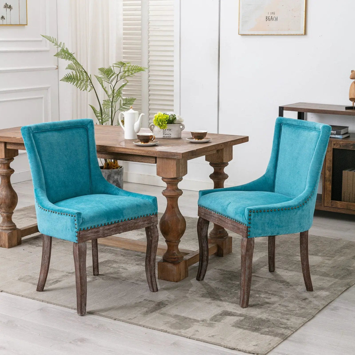 Ultra Nail Head Dining Chairs | Set Of 2 | Neutral Solid Wood Legs | Soft Fabric