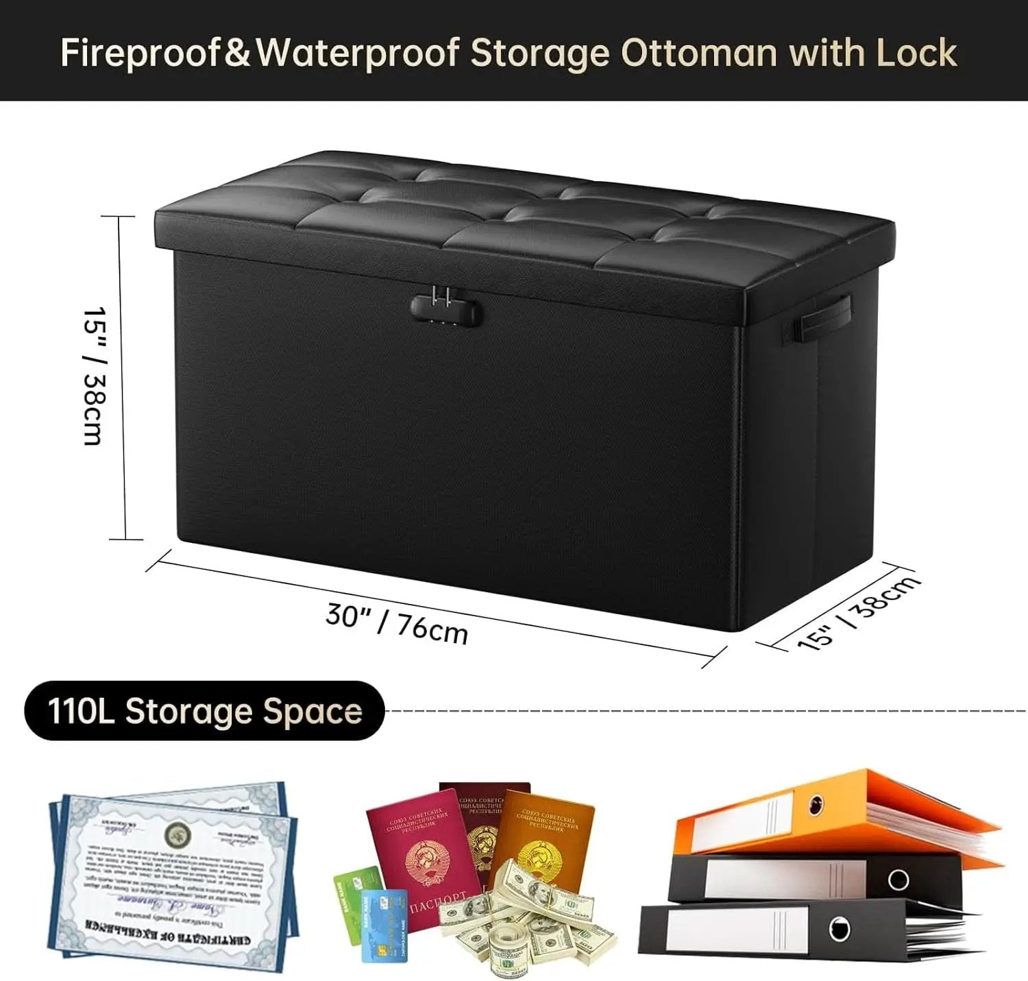 Storage Ottoman Bench 30 Inches Black Storage Lock Pro from PriceLows™