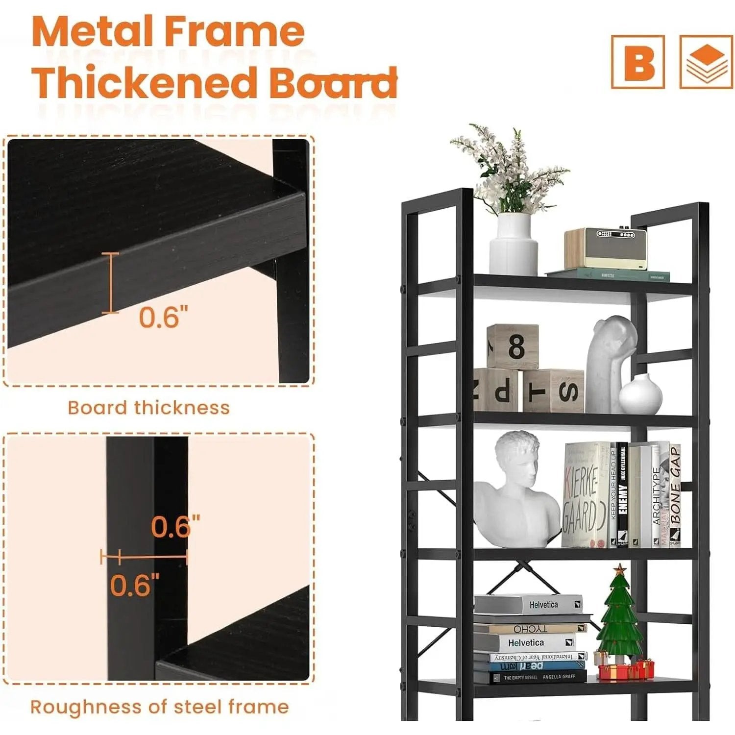 Black 5 Tier Bookcase Space Saving Tall Studio Home Office from PriceLows™