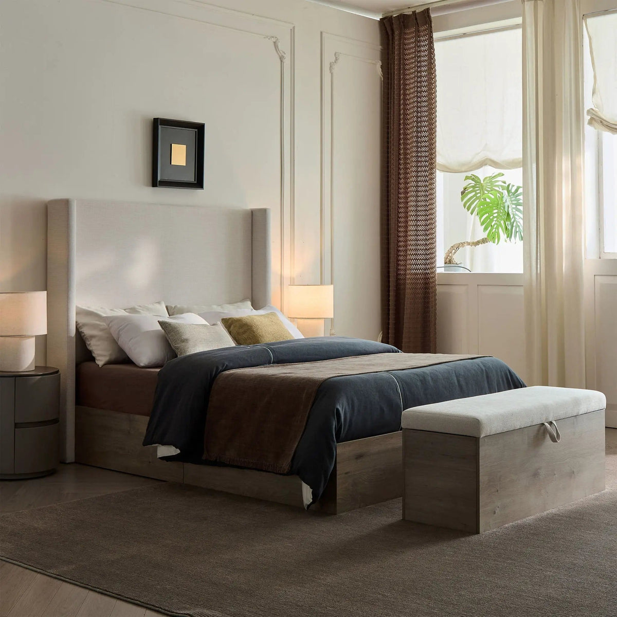 Shelton Queen Upholstered Wingback Bed With 54" High Headboard | 84 x 67.1 x 54 in | Metal | Ivory / Light Gray / Camel Oak