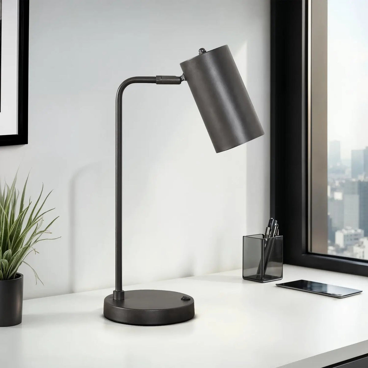 Gray Table Lamp With USB Port | Adjustable Shade | Mid-Century Inspired | 17.75 Inch Height