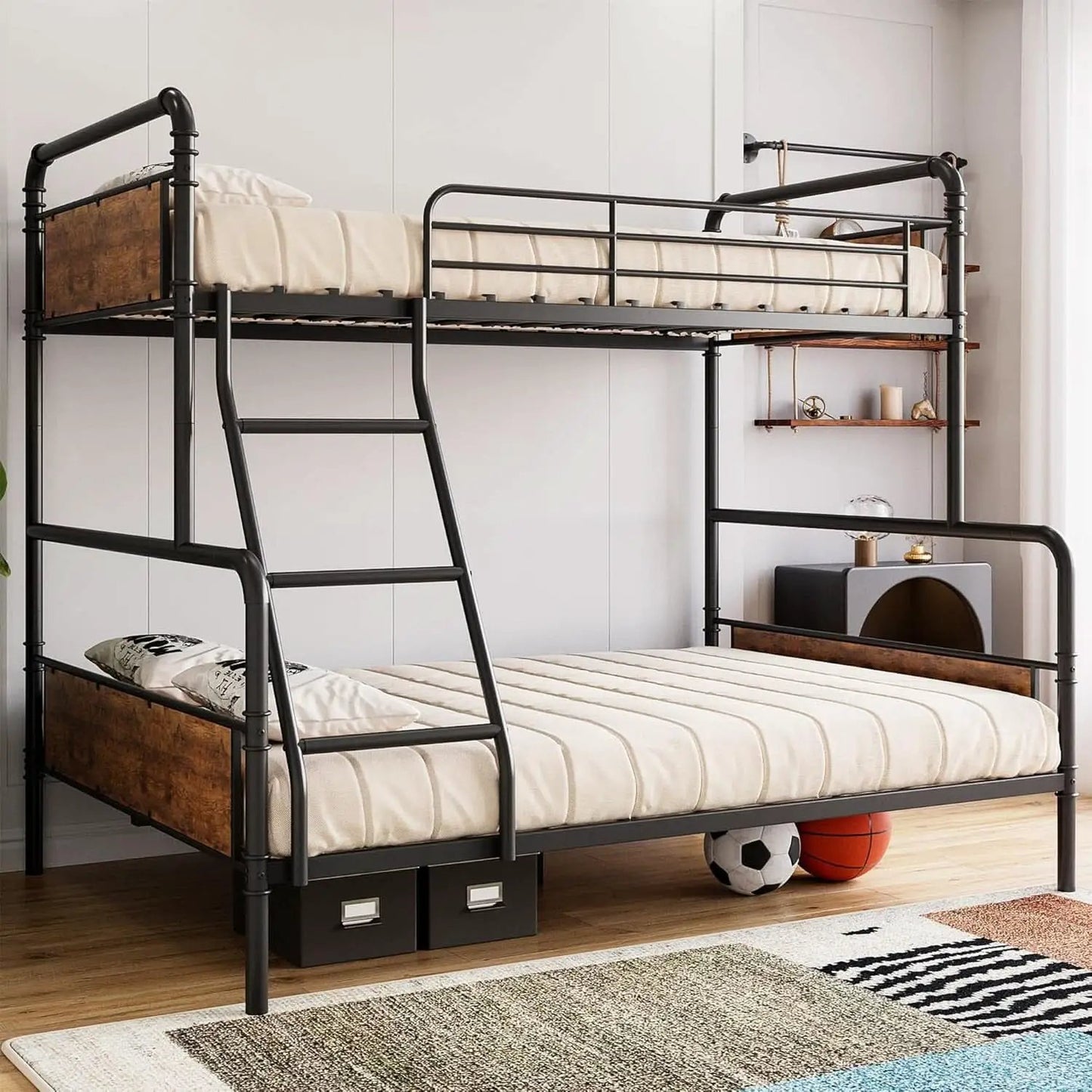 Twin Over Full Metal Bunk Bed Vintage Brown Space Saving from PriceLows™