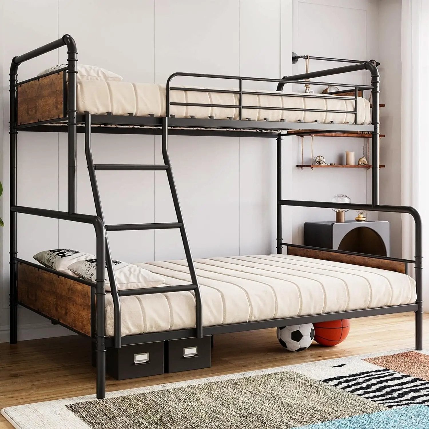 Twin Over Full Metal Bunk Bed Vintage Brown Space Saving from PriceLows™