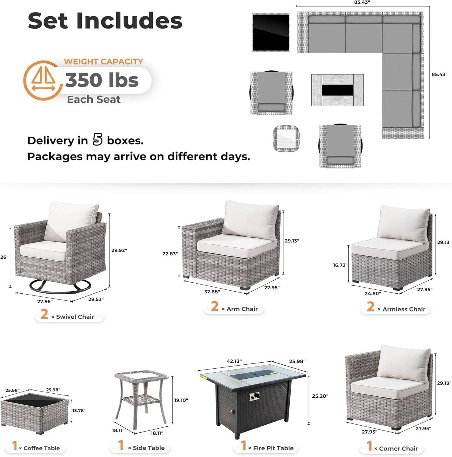 10 Piece Outdoor Wicker Sectional Sofa Set with Fire Pit from PriceLows™