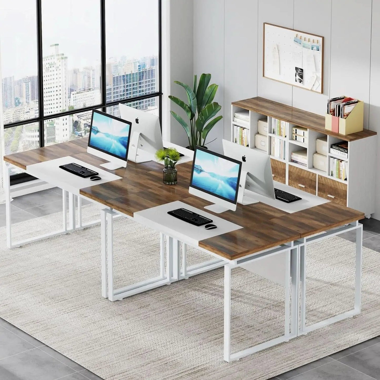 63 Inch L Shaped Desk Reversible Cabinet Natural Oak Wood Finish from PriceLows™