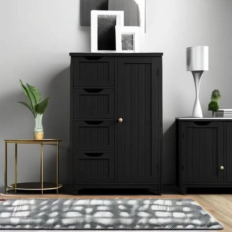 Wooden Bathroom Floor Storage Cabinet With 4 Drawers And Cupboard Freestanding from PriceLows™