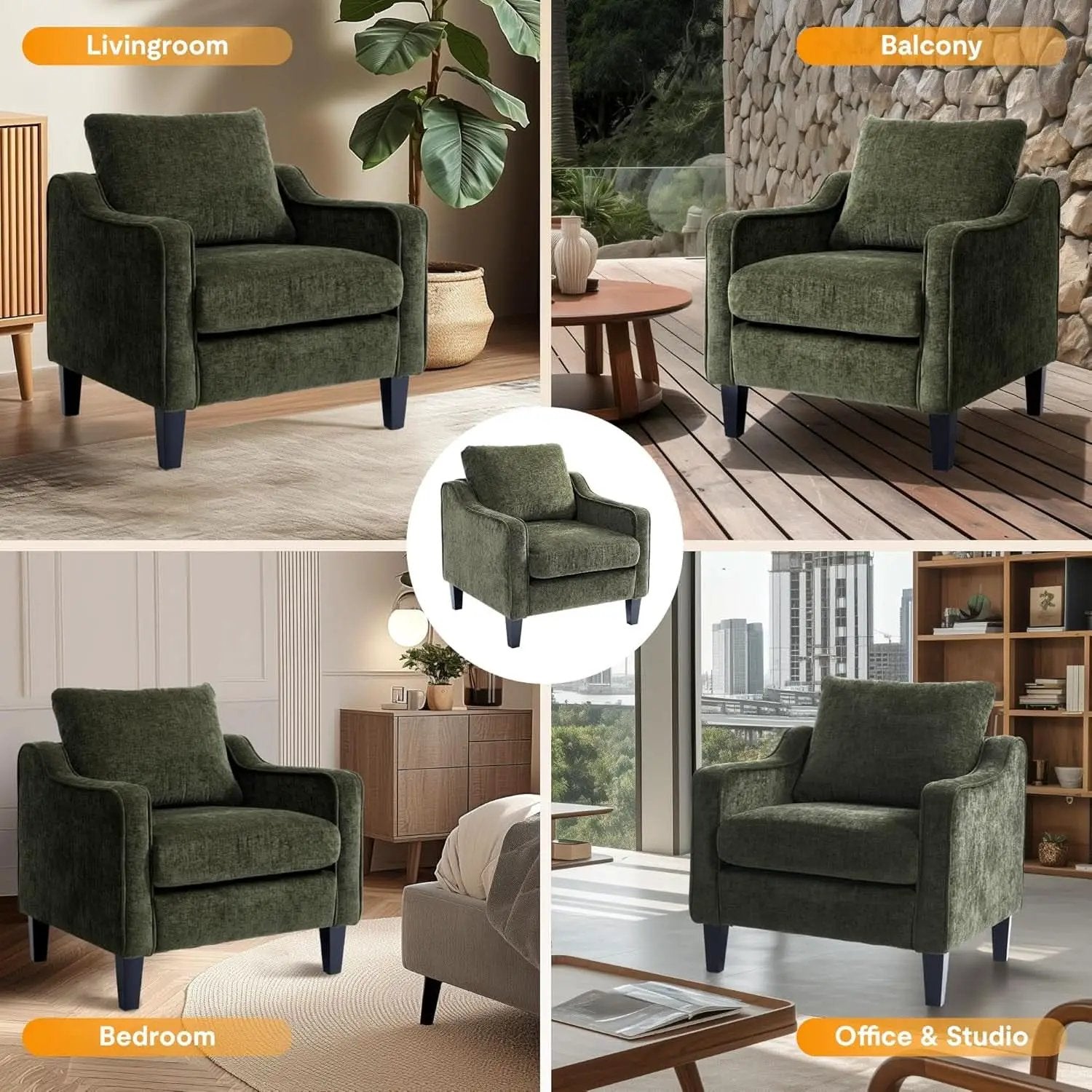 Green Chenille Accent Chair Midcentury Modern Upholstered from PriceLows™