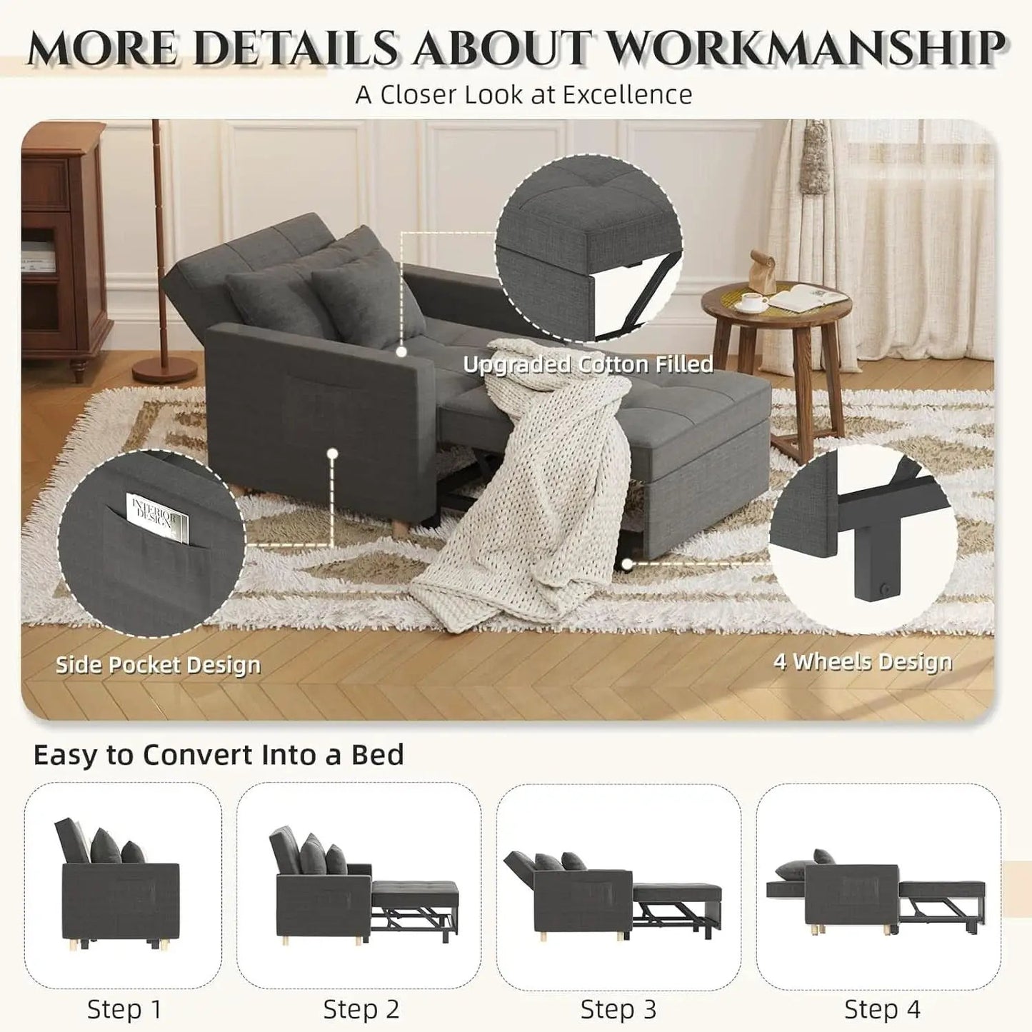 36 Inch Convertible Sleeper Chair GreyTexturedFabric from PriceLows™