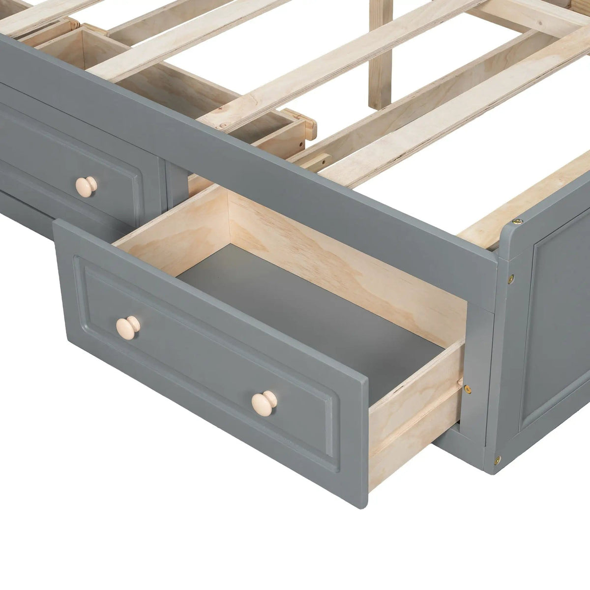 Queen Size Platform Bed Frame With 6 Drawers - | 81.7 x 62.2 x 17.7 in | Pine Wood & Mdf | Gray