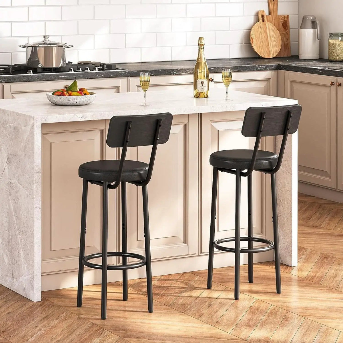 26 Inch Black PU Upholstered Bar Stools Set Of 2 With Back And Footrest from PriceLows™