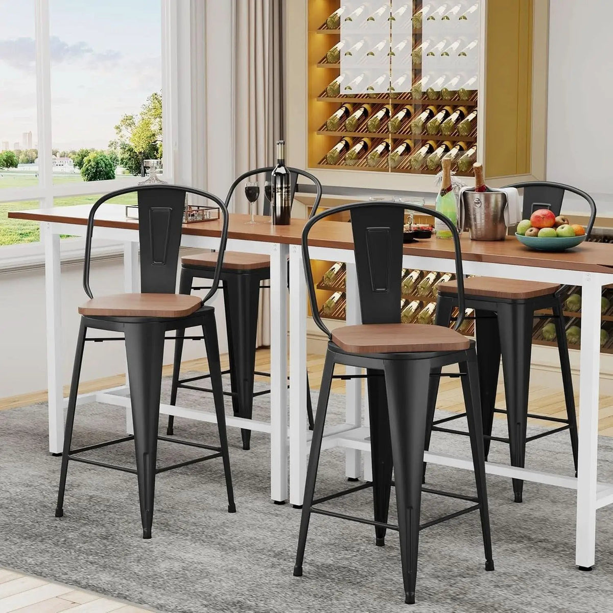 26 Inch Swivel Bar Stools Set Of 4 With Large Wooden Seat Matte Black High Back Design from PriceLows™