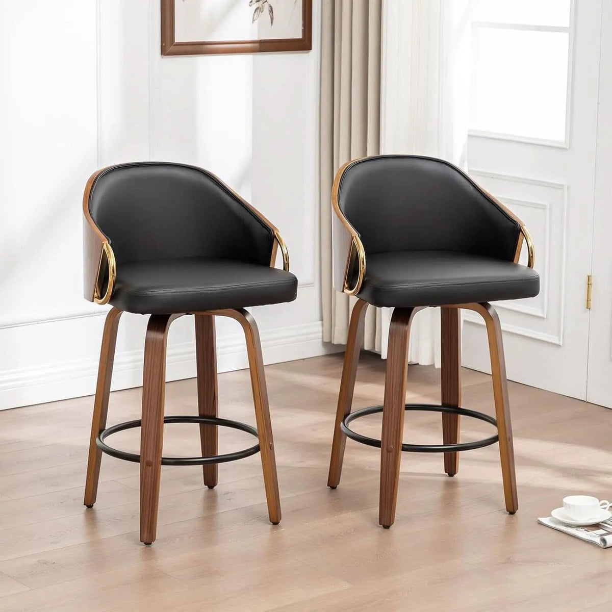 26 Inch Swivel Barstools Set of Two Black Leather from PriceLows™
