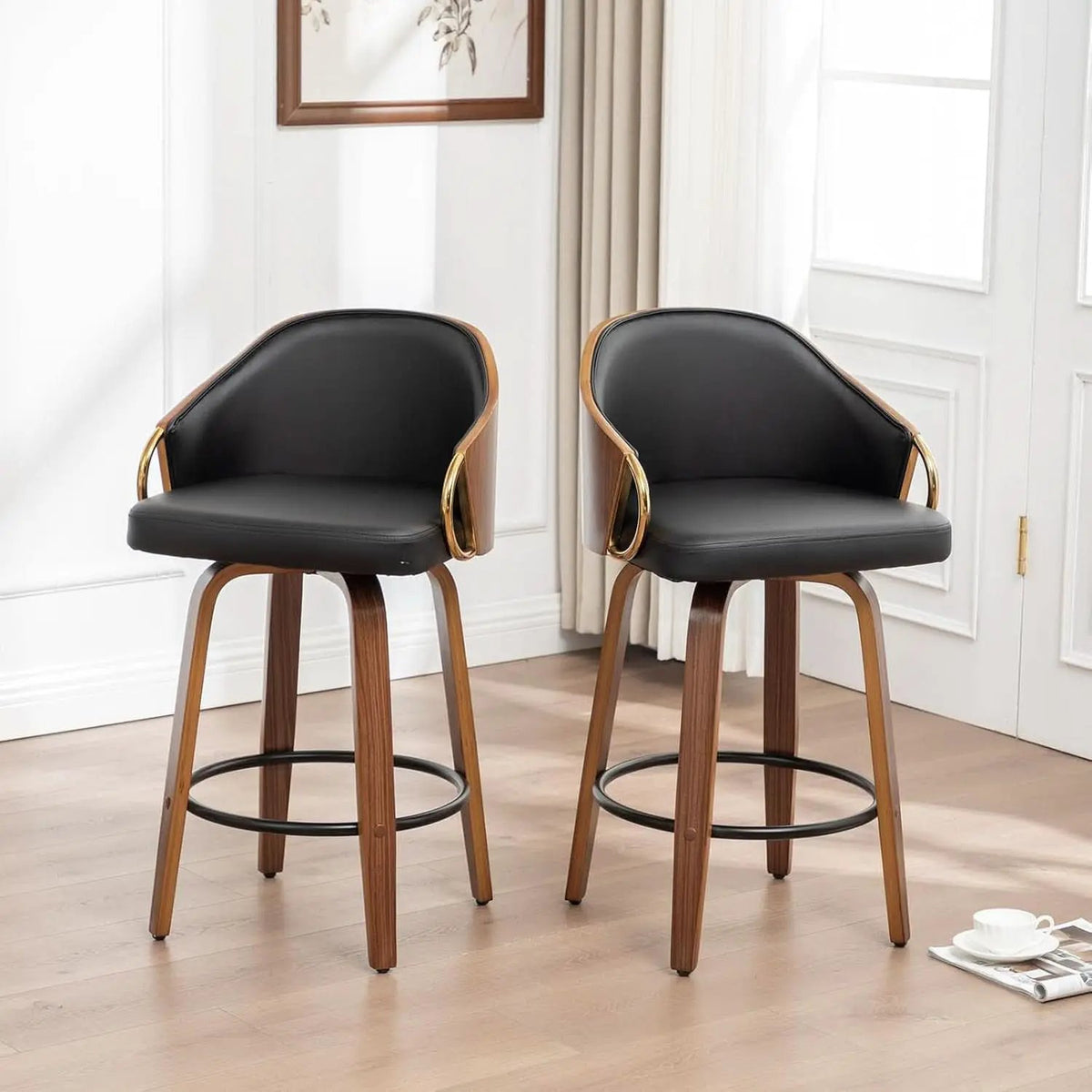 26 Inch Swivel Barstools Set of Two Black Leather from PriceLows™