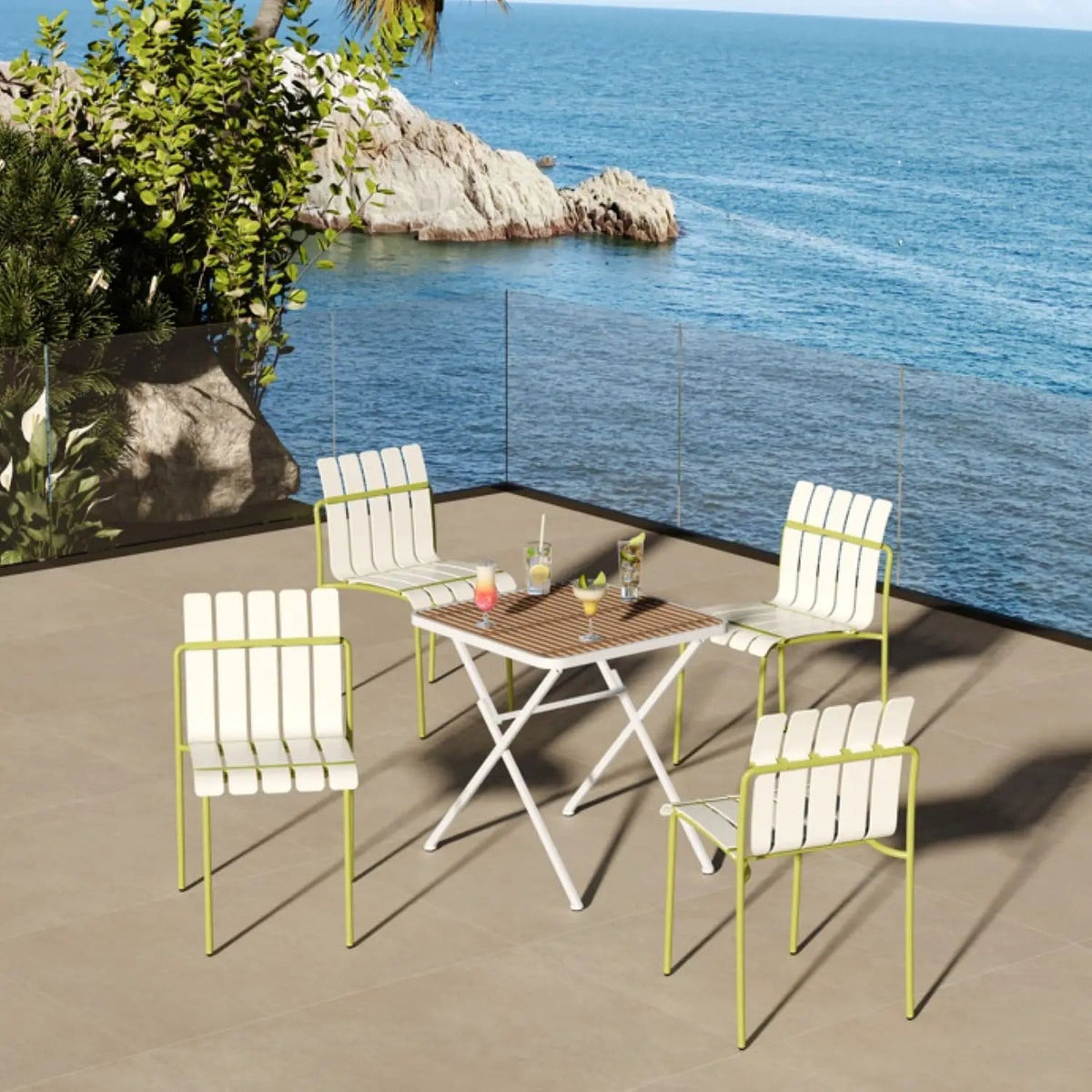 4 Piece Set Of Modern Color Block Designed Single Chairs With Folding Square Table | 4-Piece Set | Metal | Outdoor Living