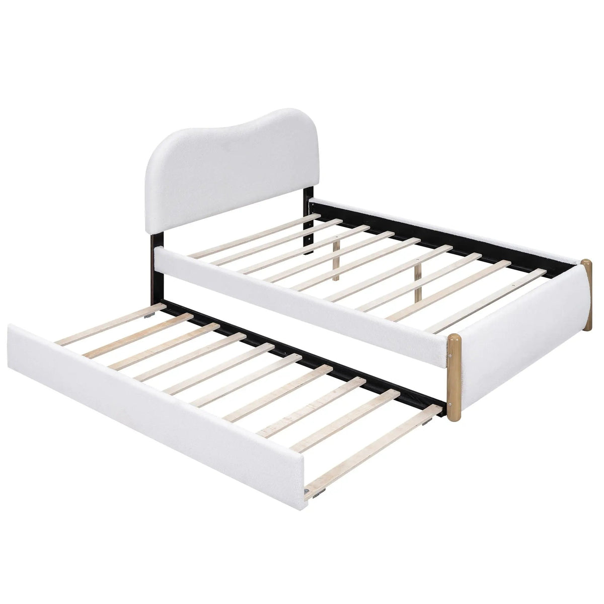 Upholstered Platform Bed | Trundle | Arc-Shaped Berber Fleece Headboard | Wood Supporting Feet