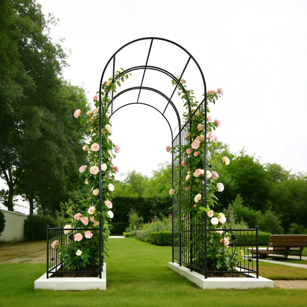Metal Garden Arch With Plant Stands | Black | 79.5 Inch Width | Dual Planter Stands
