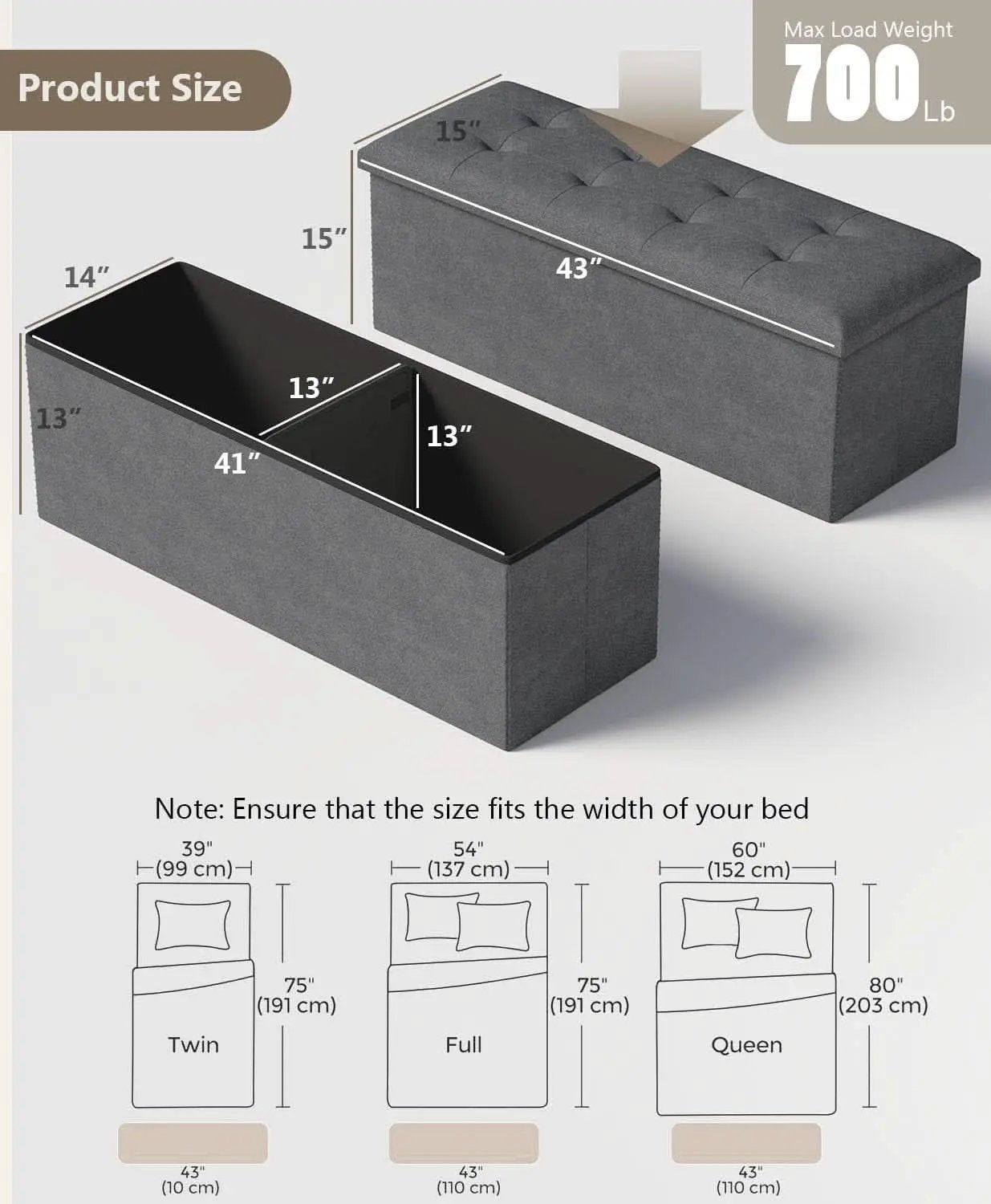 Charcoal Gray Classic Folding Storage Ottoman 43Inch from PriceLows™