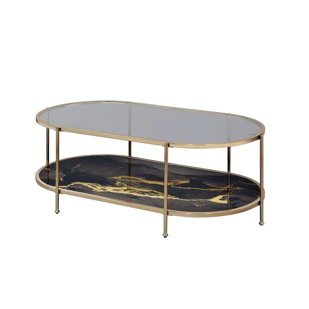Fiorella Marble Print Glass Coffee Table | Metal Frame | Lower Shelf | 50 Inch Width