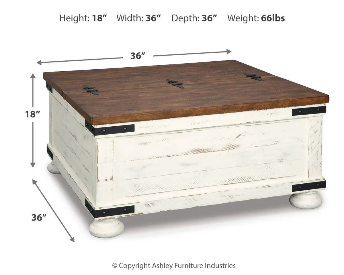 Wystfield Cocktail Table | White And Brown | Distressed Vintage Finish | Door Storage