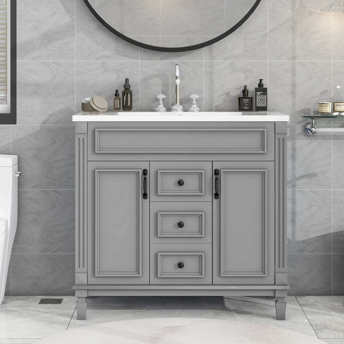 36 Inch Bathroom Vanity With Top Sink | Basin On Cabinet | 2 Soft Closing Doors | 2 Drawers