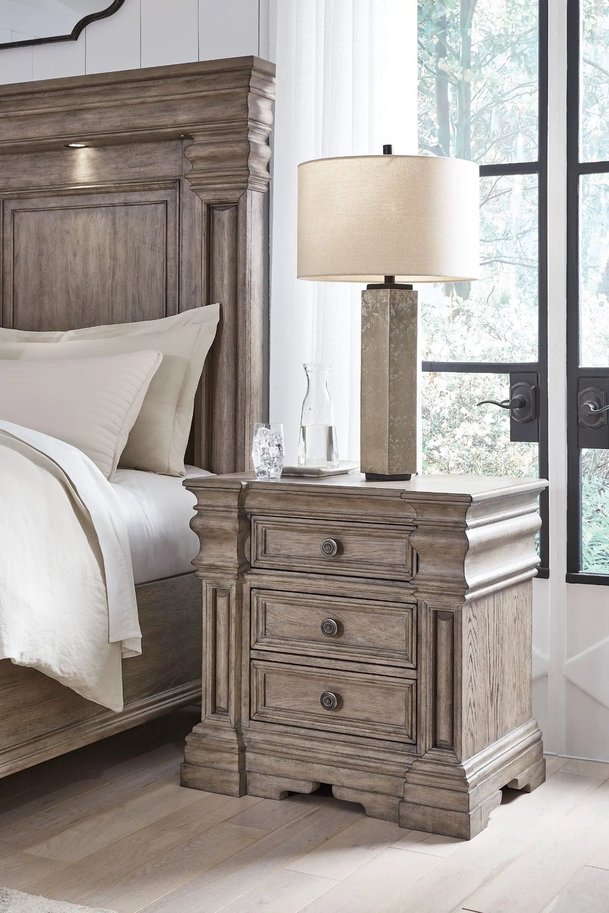 Blairhurst Three Drawer Nightstand | Charging | Light Grayish Brown | Lined Top Drawer