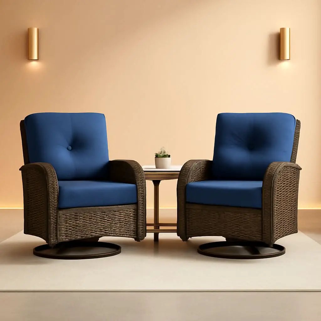 Patio Wicker Swivel Rocker Chairs Set Of 2 With Glass Top Side Table Brown Blue from PriceLows™