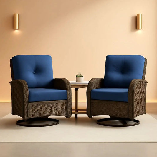 Patio Wicker Swivel Rocker Chairs Set Of 2 With Glass Top Side Table Brown Blue from PriceLows™