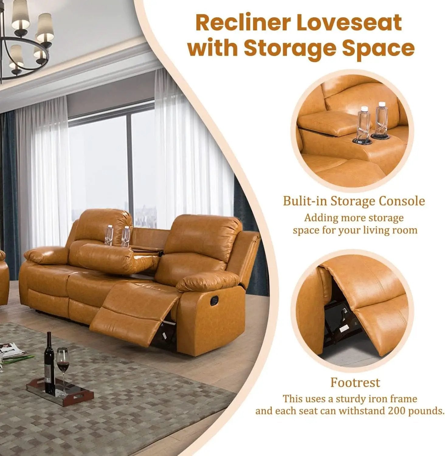 Manual Recliner Sofa Set Ginger Leather With Cup Holder from PriceLows™