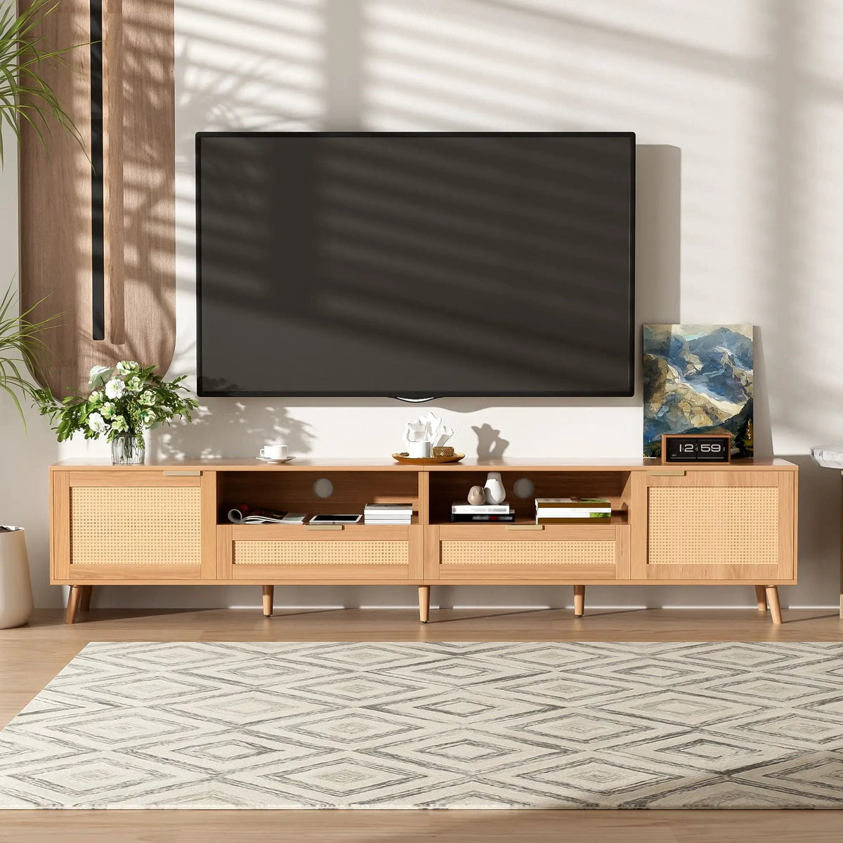 Rattan TV Stand | Media Console | Two Cabinets And Two Open Shelves | Cable Management