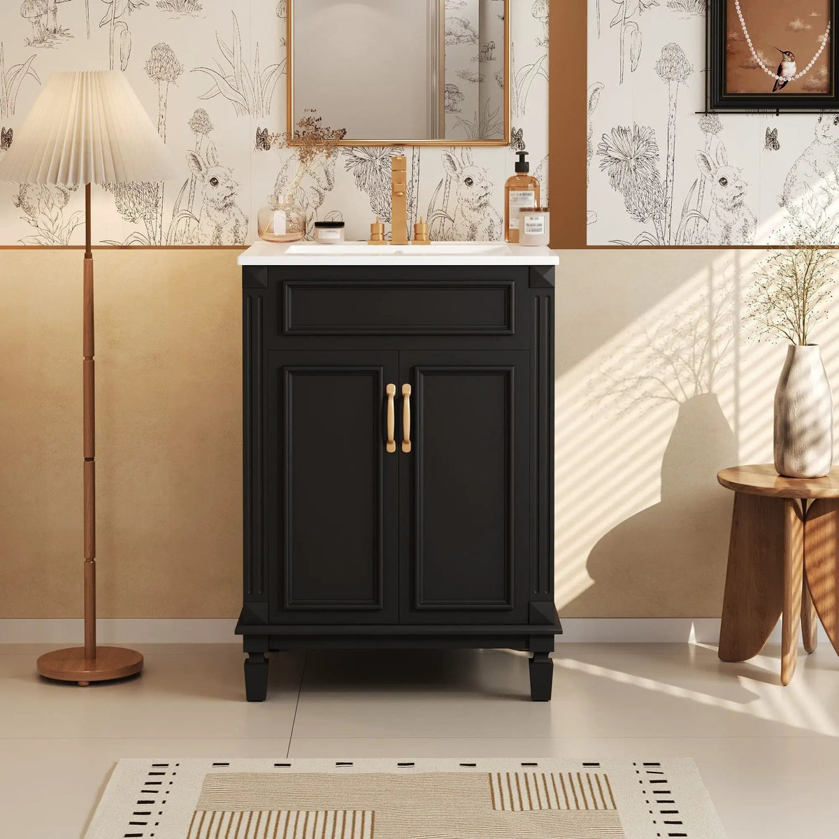 24 Inch Bathroom Vanity With Top Sink | Rubberwood Frame | 2 Soft Closing Doors | Glossy Ceramic Basin