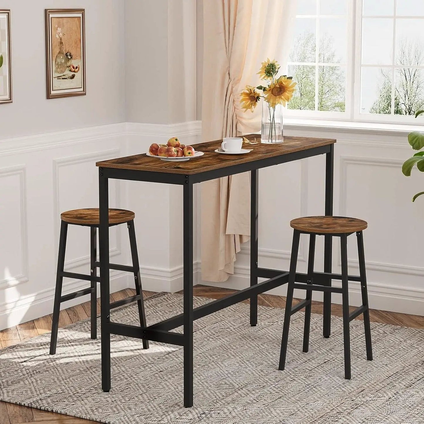 Round Bar Stools Set of 2 With Footrest 24.4 Inch Industrial Rustic Brown from PriceLows™