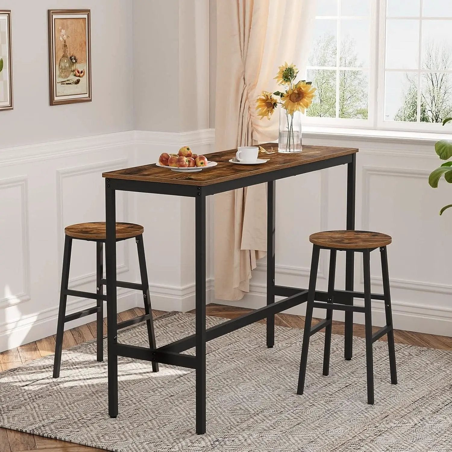 Round Bar Stools Set of 2 With Footrest 24.4 Inch Industrial Rustic Brown from PriceLows™