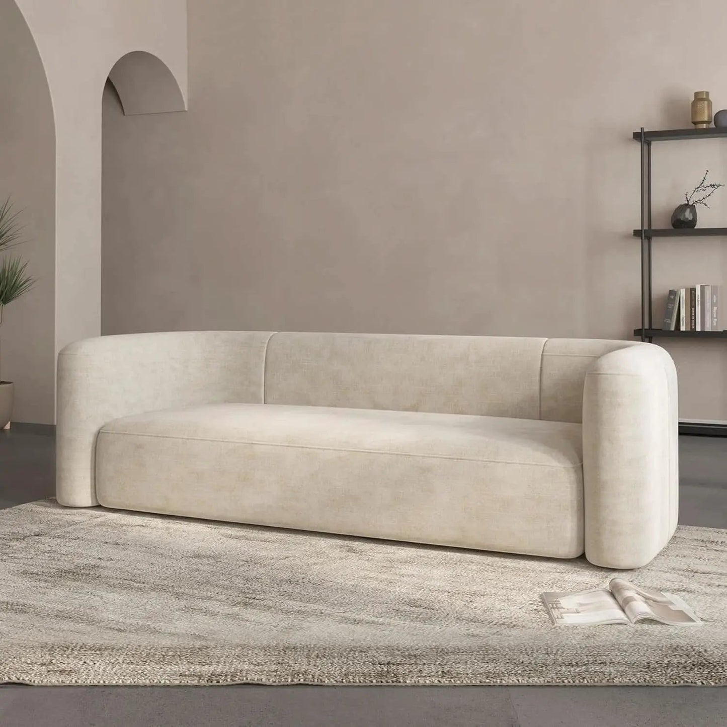 Cream Velvet 3 Seater Modern Sofa With Curved Backrest from PriceLows™