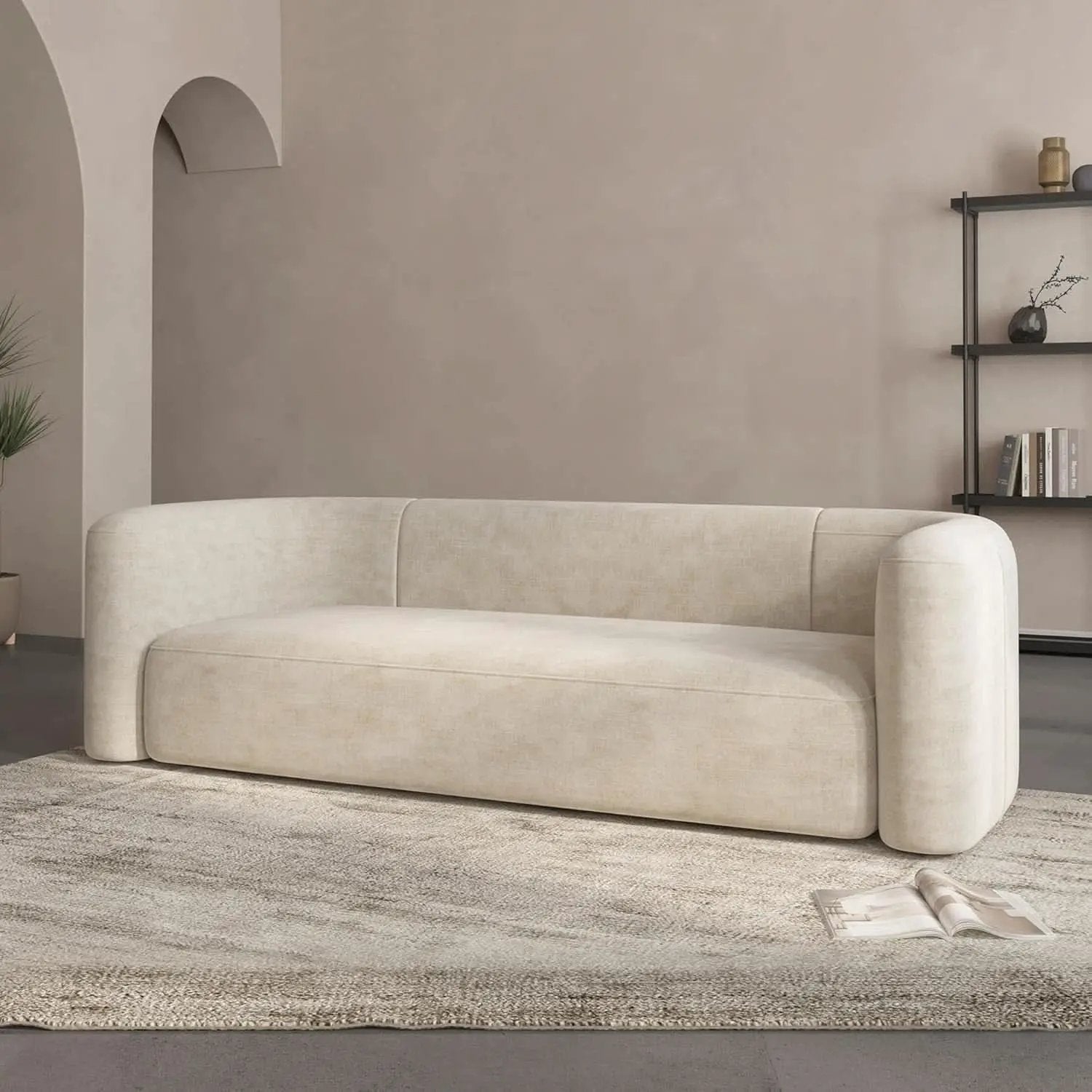 Cream Velvet 3 Seater Modern Sofa With Curved Backrest from PriceLows™
