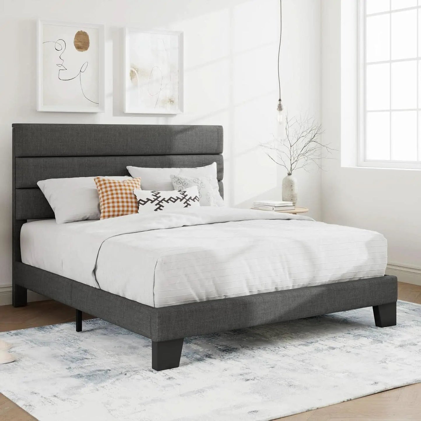 Full Size Upholstered Bed Frame With Grey Headboard from PriceLows™
