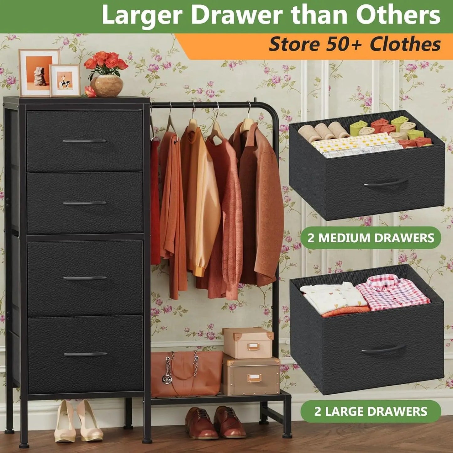 Dresser With Hanging Rack And 4 Drawers Black 44 Inch Tall from PriceLows™