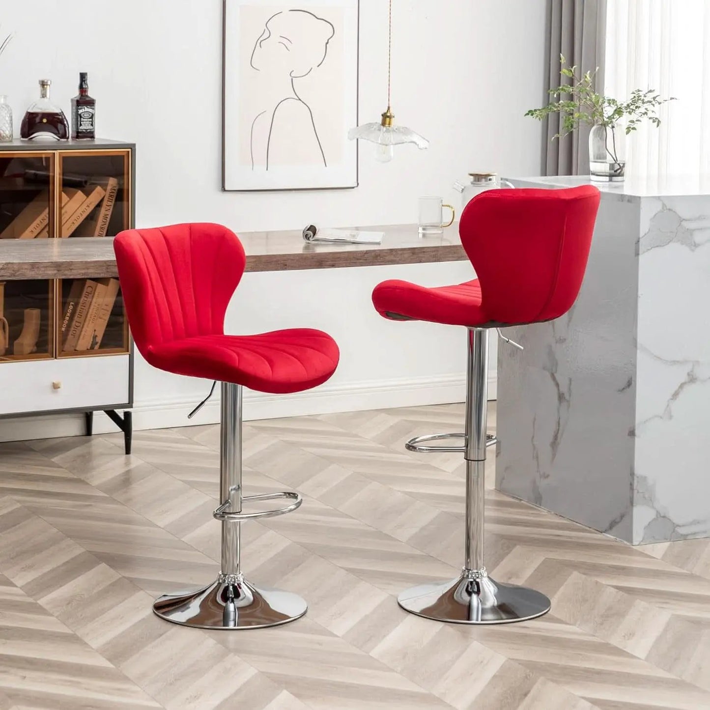 Velvet Adjustable Swivel Bar Stool Set Of 2 In Red from PriceLows™