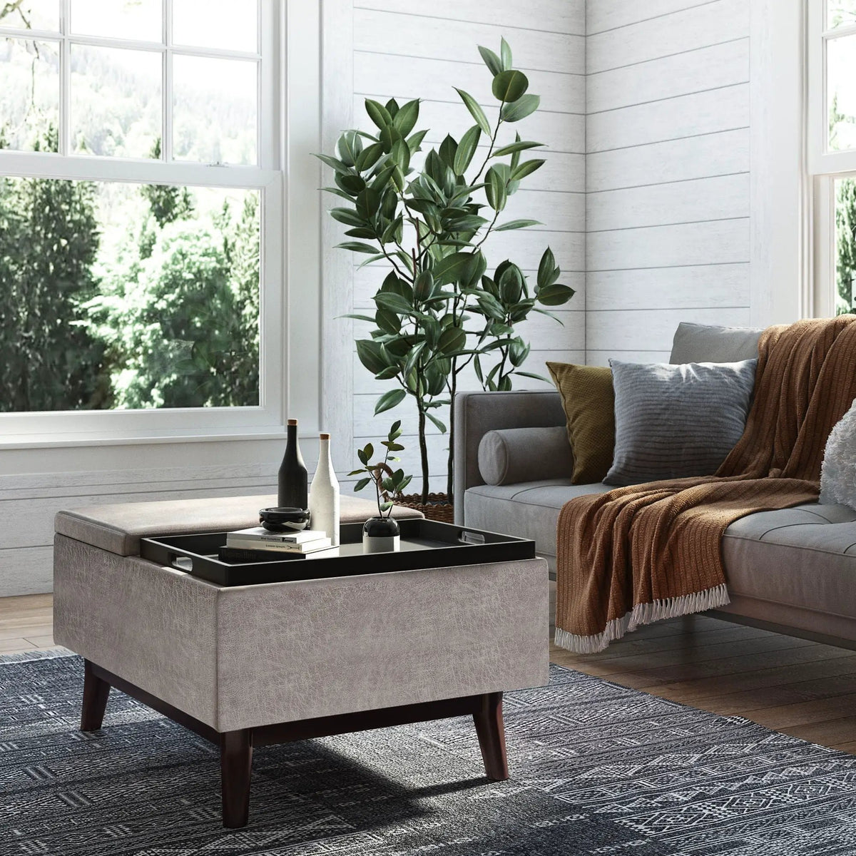 Owen Tray Top Coffee Table Ottoman | Upholstered Storage | Two Flip Over Serving Trays | Small Size